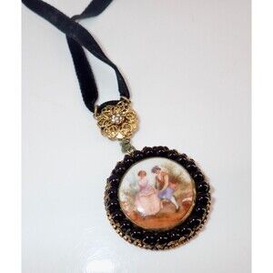 Victorian Cameo Courting Couple Porcelain Black Onyx Frame Czech Necklace Ribbon